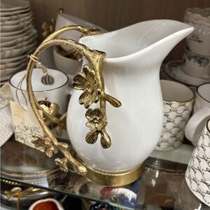 Elegant White and Gold Floral Pitcher
